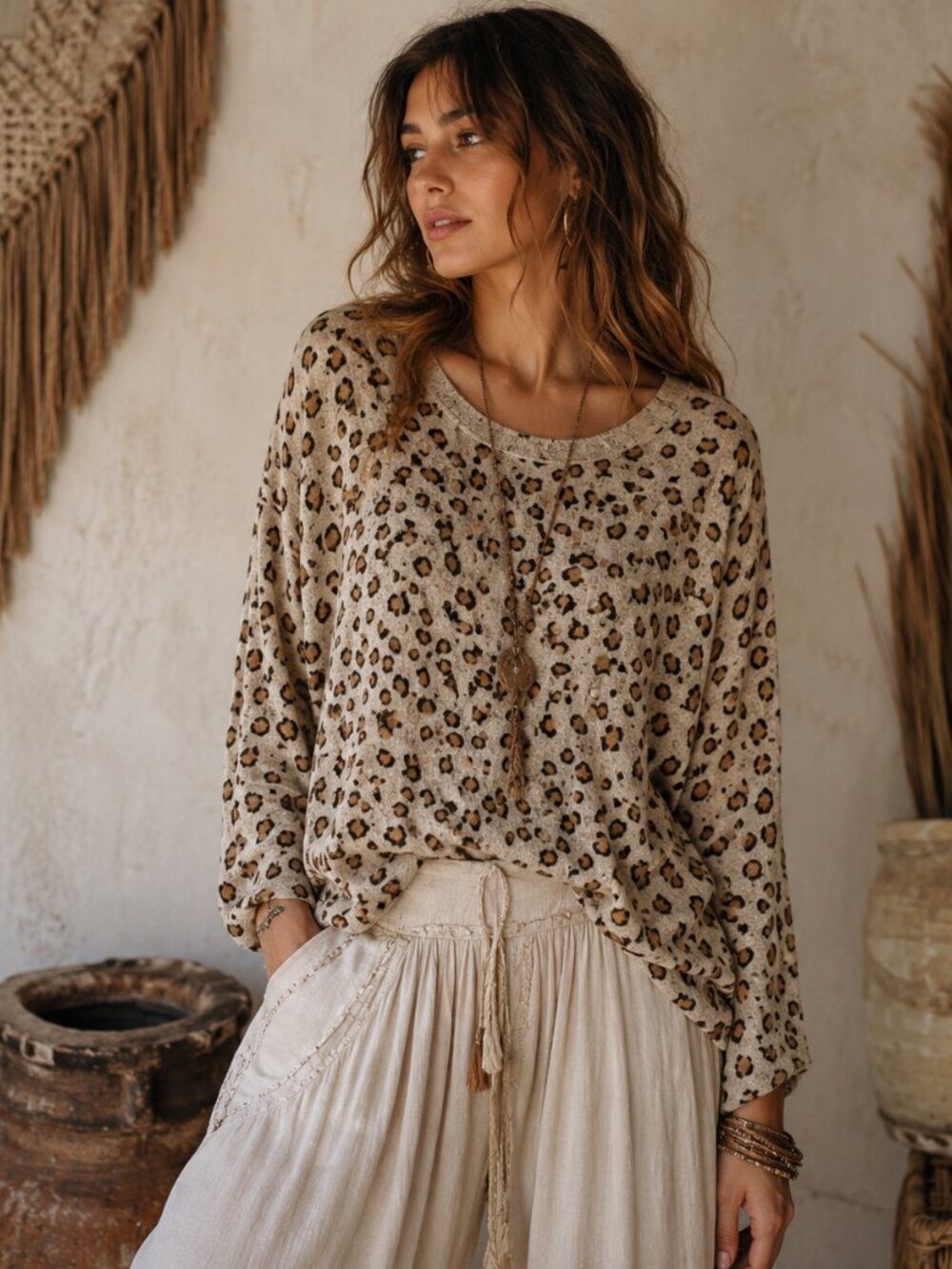 POL Leopard Waffle Knit Sweater L Tan Cream Oversized Boho Cozy Chic Pullover